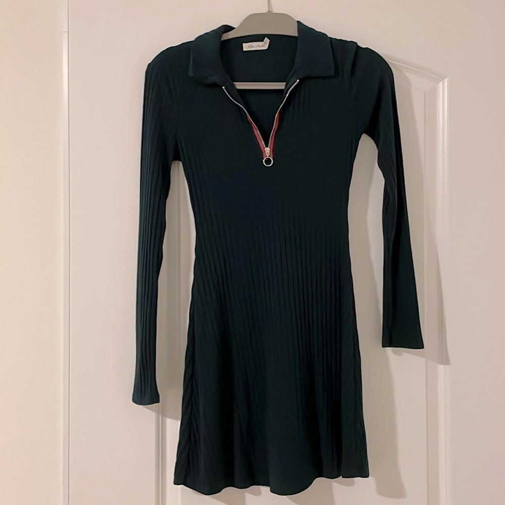Chloe & Katie Long Sleeve Zip Up Collar Skater Dress, Size Small, Dark Green